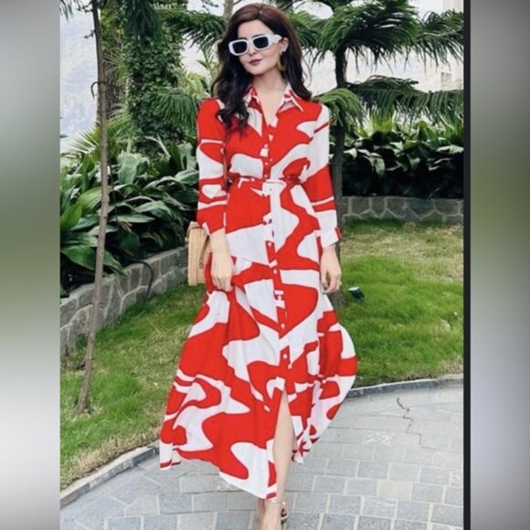 Zara Blogger’s Favourite Red & White Printed Belted Midi Shirt Dress size XL - Picture 15 of 15